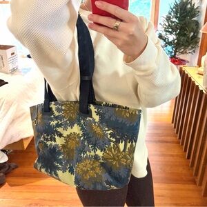 Vintage Floral Canvas Tote Bag with Blue and Green Accents